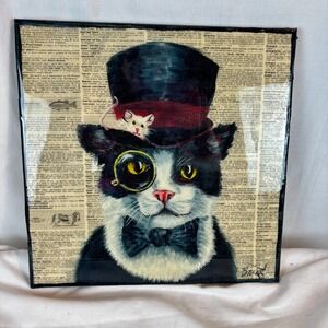 Artfully Done Pet Portraits Tuxedo Cat Top Hat Monocle Mixed Media Art 12x12